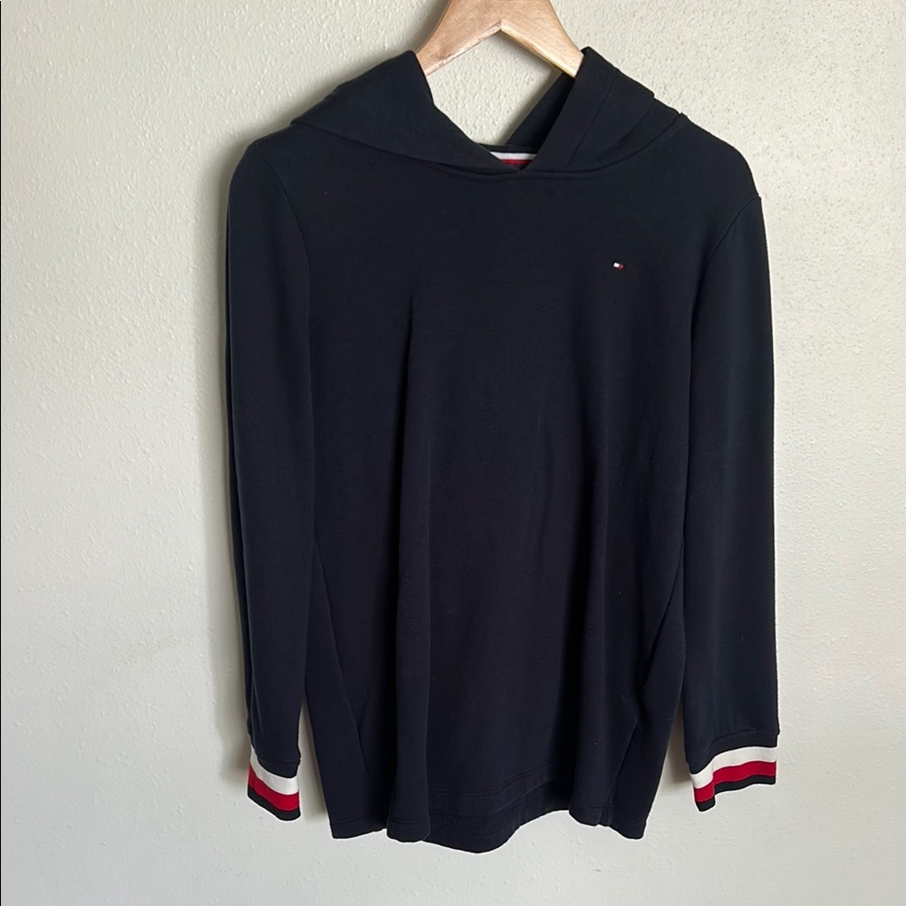 Vintage Tommy Hilfiger Navy Hoodie with Red and White Trim